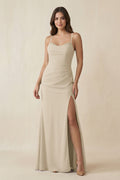 Cami Strap Sheath Chiffon Bridesmaid Dress with Slit in Champagne - SHE IS ME Bridesmaid Dresses