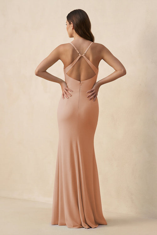 Cami Strap Sheath Chiffon Bridesmaid Dress with Slit in Champagne Rose - SHE IS ME Bridesmaid Dresses