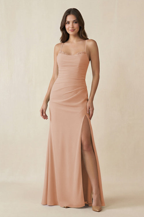 Cami Strap Sheath Chiffon Bridesmaid Dress with Slit in Champagne Rose - SHE IS ME Bridesmaid Dresses