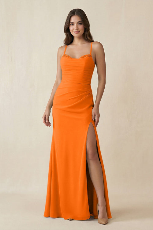 Cami Strap Sheath Chiffon Bridesmaid Dress with Slit in Cinnamon - SHE IS ME Bridesmaid Dresses