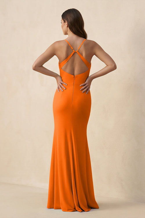 Cami Strap Sheath Chiffon Bridesmaid Dress with Slit in Cinnamon - SHE IS ME Bridesmaid Dresses