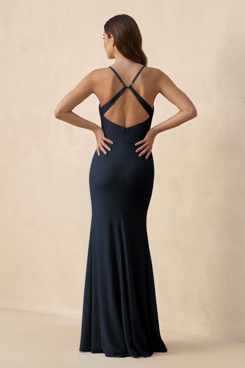 Cami Strap Sheath Chiffon Bridesmaid Dress with Slit in Dark Navy - SHE IS ME Bridesmaid Dresses