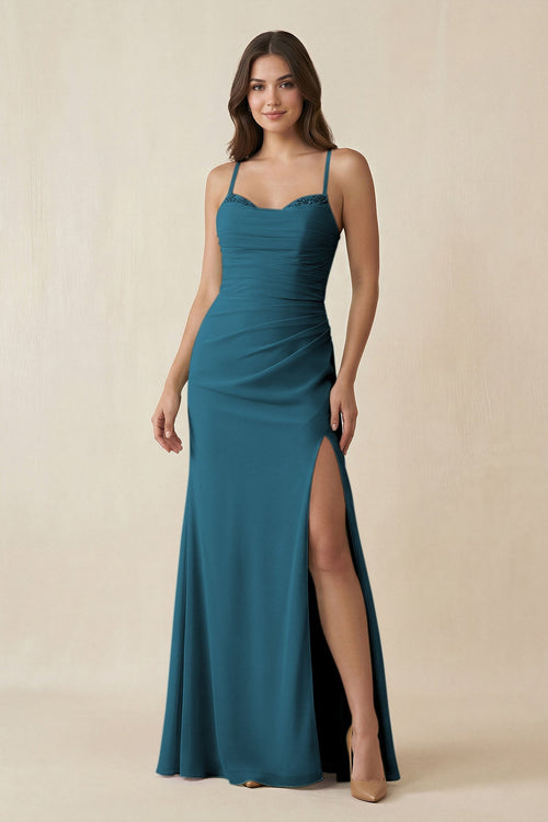 Cami Strap Sheath Chiffon Bridesmaid Dress with Slit in Dark Teal - SHE IS ME Bridesmaid Dresses