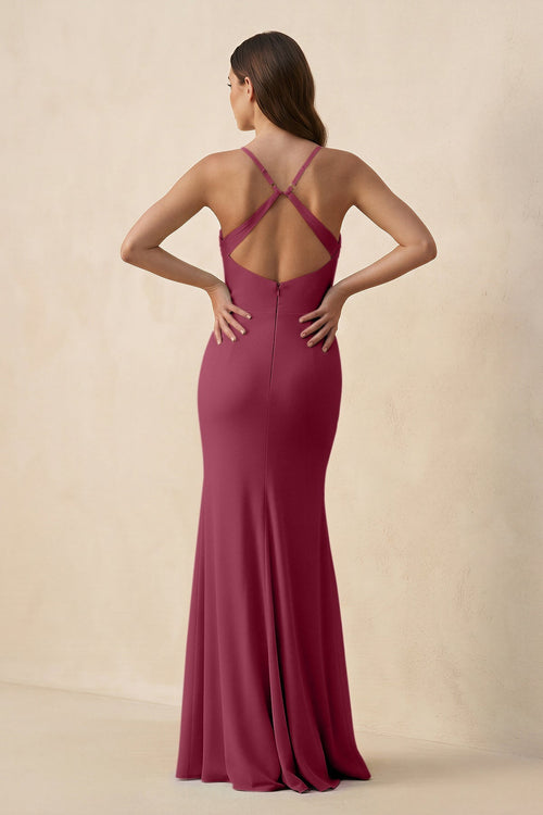 Cami Strap Sheath Chiffon Bridesmaid Dress with Slit in Desert Rose - SHE IS ME Bridesmaid Dresses