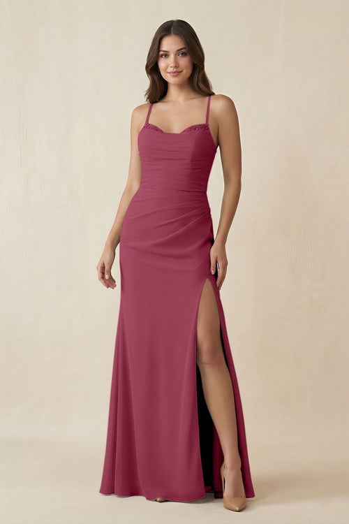 Cami Strap Sheath Chiffon Bridesmaid Dress with Slit in Desert Rose - SHE IS ME Bridesmaid Dresses