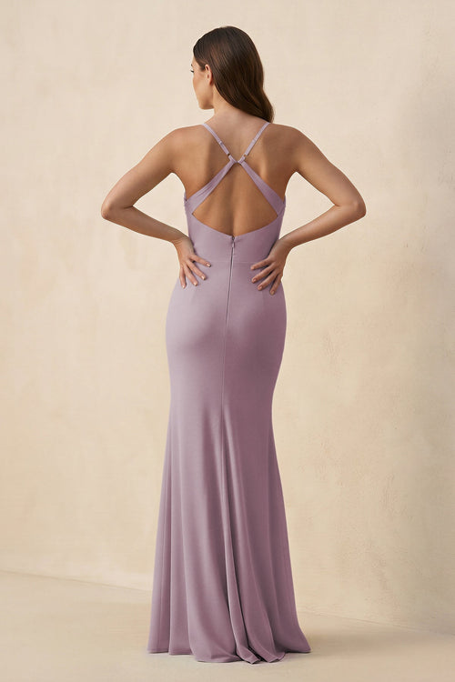 Cami Strap Sheath Chiffon Bridesmaid Dress with Slit in Dusk - SHE IS ME Bridesmaid Dresses