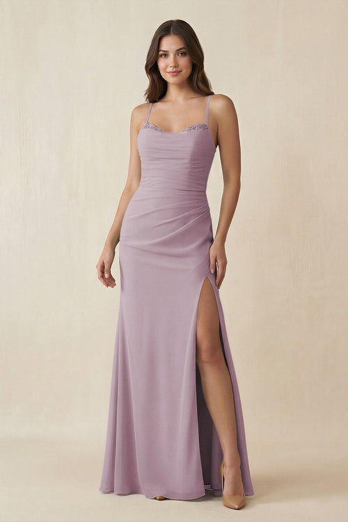 Cami Strap Sheath Chiffon Bridesmaid Dress with Slit in Dusk - SHE IS ME Bridesmaid Dresses