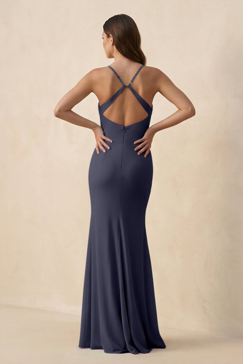 Cami Strap Sheath Chiffon Bridesmaid Dress with Slit in Dusk Blue - SHE IS ME Bridesmaid Dresses