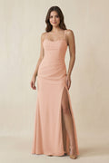 Cami Strap Sheath Chiffon Bridesmaid Dress with Slit in English Rose - SHE IS ME Bridesmaid Dresses