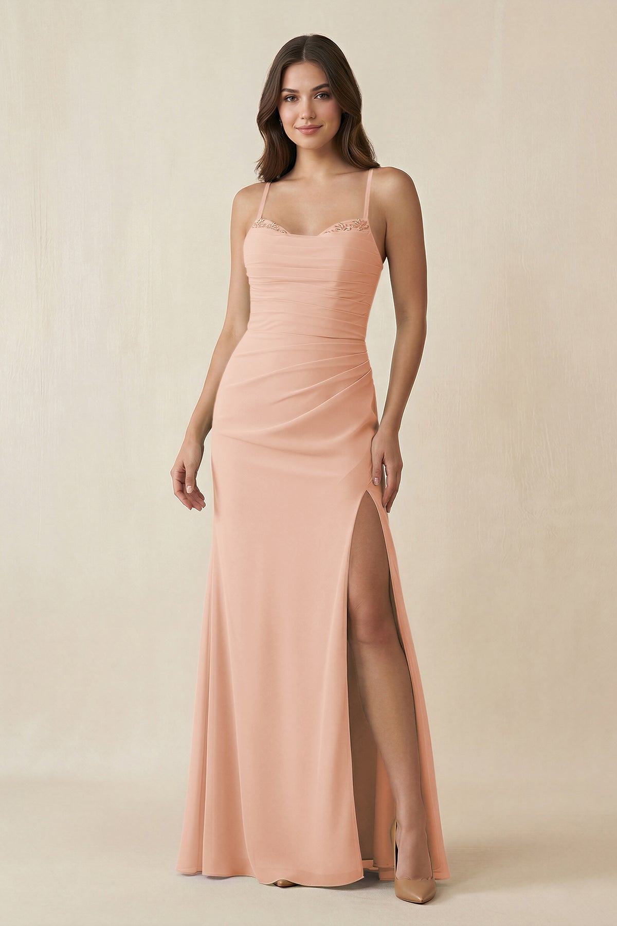 Cami Strap Sheath Chiffon Bridesmaid Dress with Slit in English Rose - SHE IS ME Bridesmaid Dresses