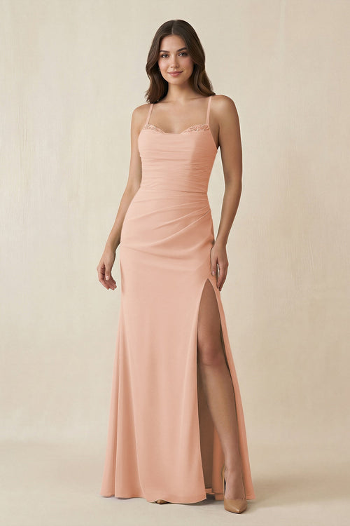 Cami Strap Sheath Chiffon Bridesmaid Dress with Slit in English Rose - SHE IS ME Bridesmaid Dresses