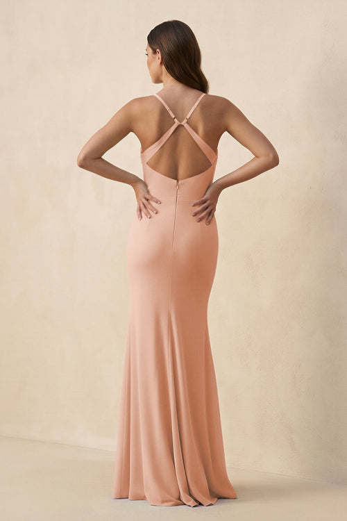 Cami Strap Sheath Chiffon Bridesmaid Dress with Slit in English Rose - SHE IS ME Bridesmaid Dresses