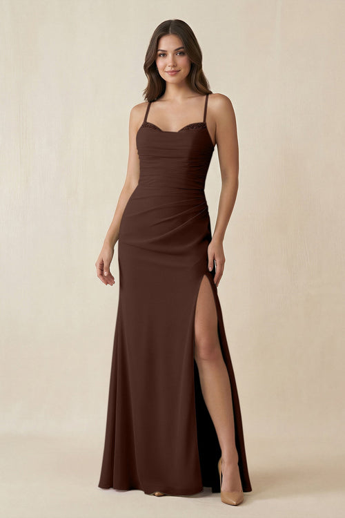 Cami Strap Sheath Chiffon Bridesmaid Dress with Slit in Espresso - SHE IS ME Bridesmaid Dresses