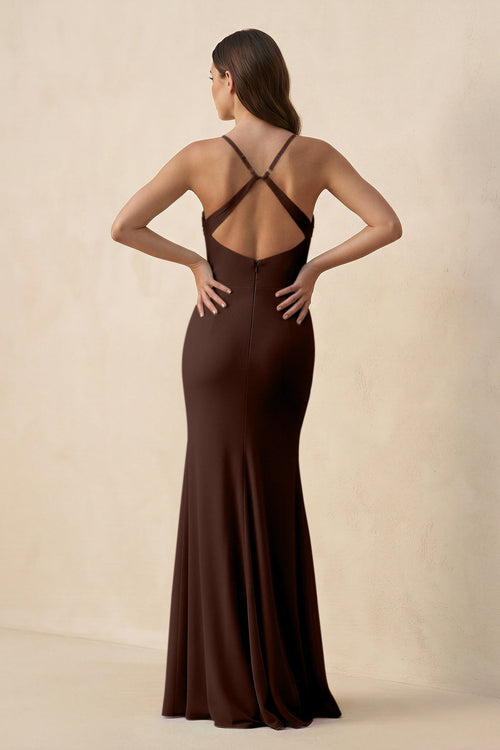 Cami Strap Sheath Chiffon Bridesmaid Dress with Slit in Espresso - SHE IS ME Bridesmaid Dresses