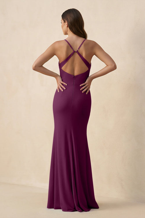 Cami Strap Sheath Chiffon Bridesmaid Dress with Slit in Fig - SHE IS ME Bridesmaid Dresses