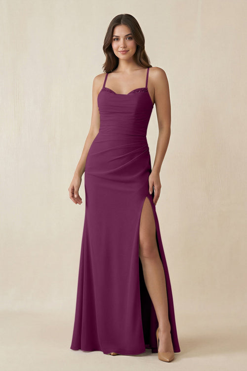 Cami Strap Sheath Chiffon Bridesmaid Dress with Slit in Fig - SHE IS ME Bridesmaid Dresses