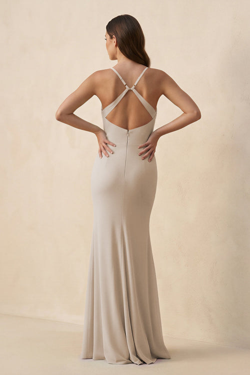 Cami Strap Sheath Chiffon Bridesmaid Dress with Slit in Frost - SHE IS ME Bridesmaid Dresses