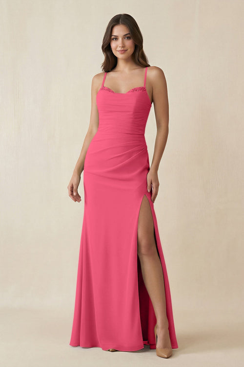 Cami Strap Sheath Chiffon Bridesmaid Dress with Slit in Fuchsia - SHE IS ME Bridesmaid Dresses