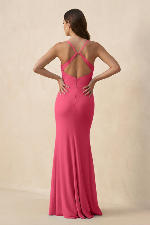 Cami Strap Sheath Chiffon Bridesmaid Dress with Slit in Fuchsia - SHE IS ME Bridesmaid Dresses