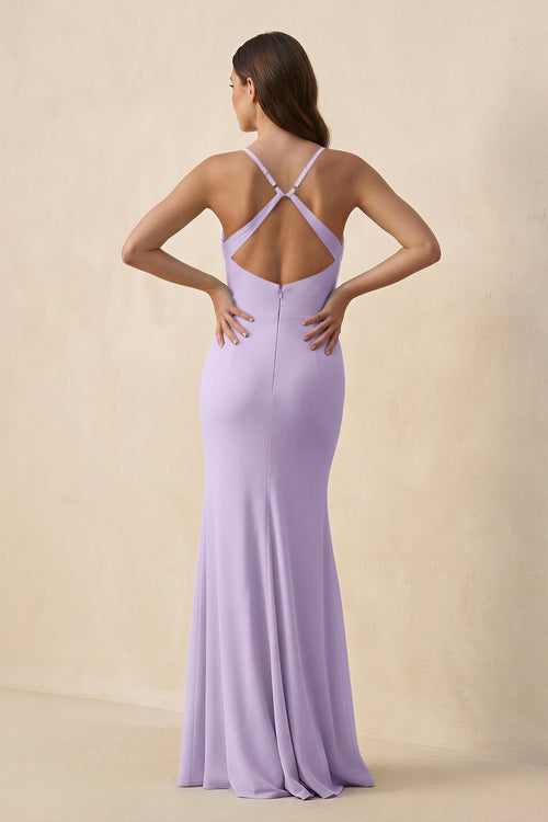 Cami Strap Sheath Chiffon Bridesmaid Dress with Slit in Lavender - SHE IS ME Bridesmaid Dresses