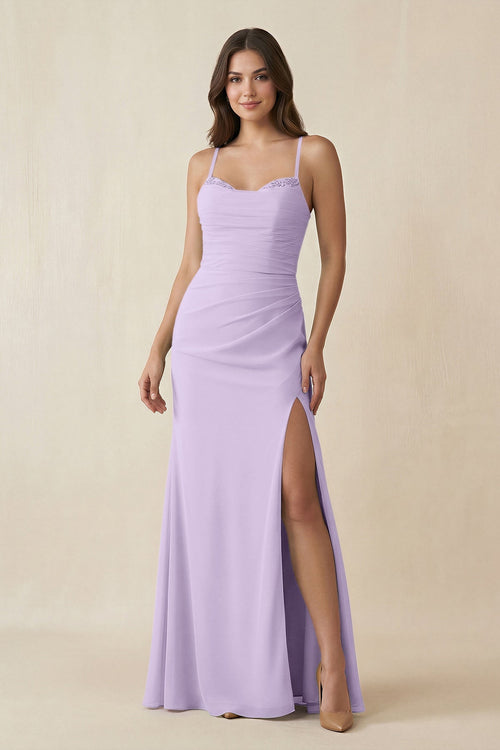 Cami Strap Sheath Chiffon Bridesmaid Dress with Slit in Lavender - SHE IS ME Bridesmaid Dresses