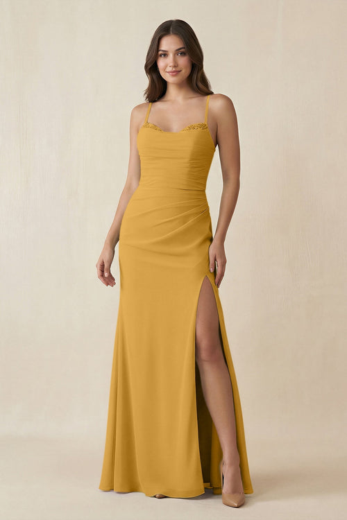 Cami Strap Sheath Chiffon Bridesmaid Dress with Slit in Marigold - SHE IS ME Bridesmaid Dresses