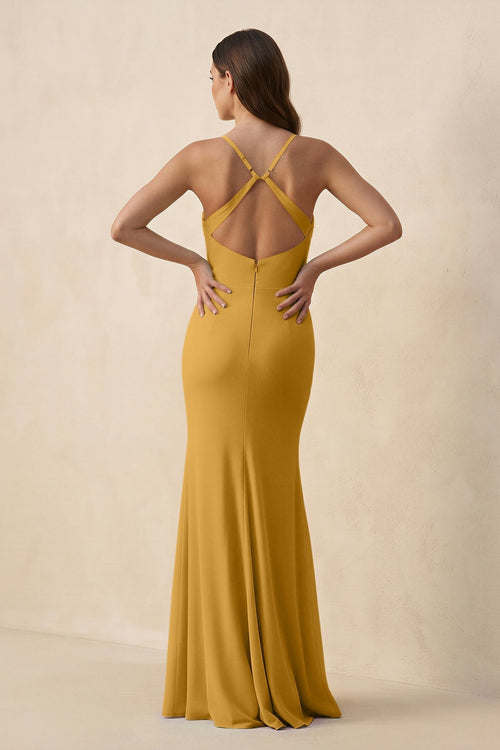 Cami Strap Sheath Chiffon Bridesmaid Dress with Slit in Marigold - SHE IS ME Bridesmaid Dresses