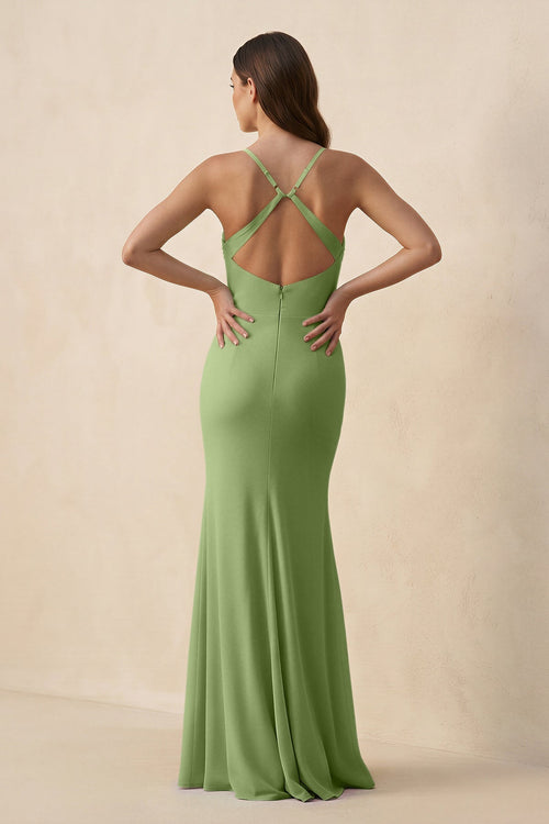 Cami Strap Sheath Chiffon Bridesmaid Dress with Slit in Matcha - SHE IS ME Bridesmaid Dresses