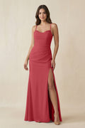 Cami Strap Sheath Chiffon Bridesmaid Dress with Slit in Merlot - SHE IS ME Bridesmaid Dresses