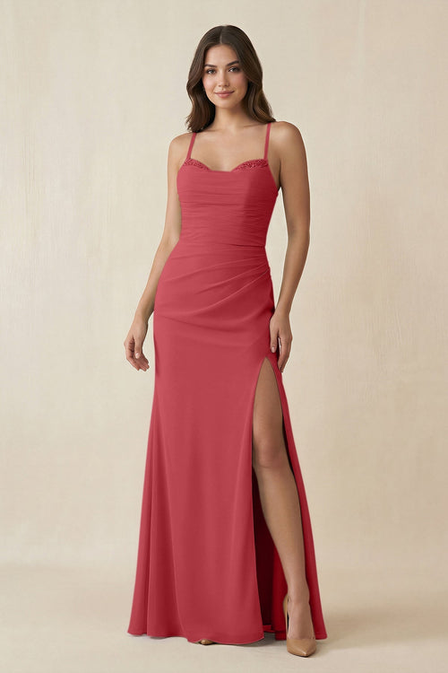 Cami Strap Sheath Chiffon Bridesmaid Dress with Slit in Merlot - SHE IS ME Bridesmaid Dresses