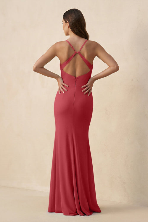 Cami Strap Sheath Chiffon Bridesmaid Dress with Slit in Merlot - SHE IS ME Bridesmaid Dresses