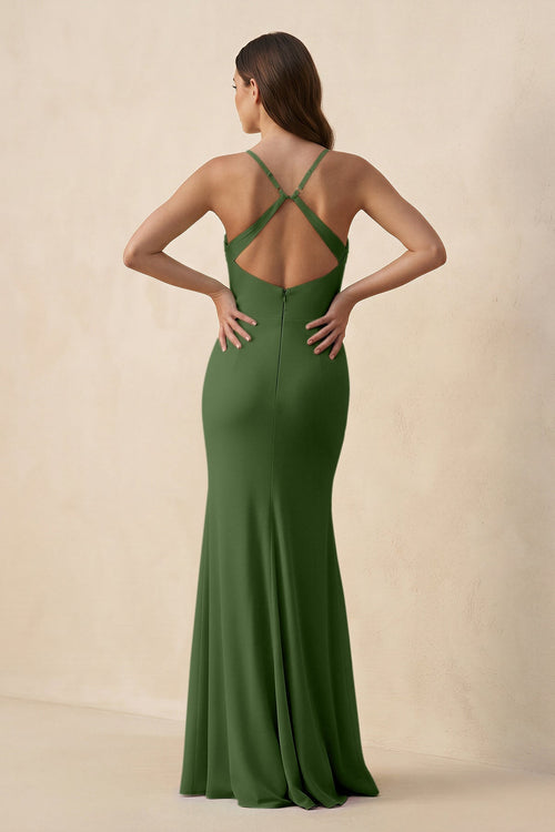 Cami Strap Sheath Chiffon Bridesmaid Dress with Slit in Moss - SHE IS ME Bridesmaid Dresses