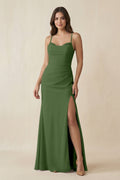 Cami Strap Sheath Chiffon Bridesmaid Dress with Slit in Moss - SHE IS ME Bridesmaid Dresses