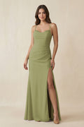 Cami Strap Sheath Chiffon Bridesmaid Dress with Slit in Moss Green - SHE IS ME Bridesmaid Dresses