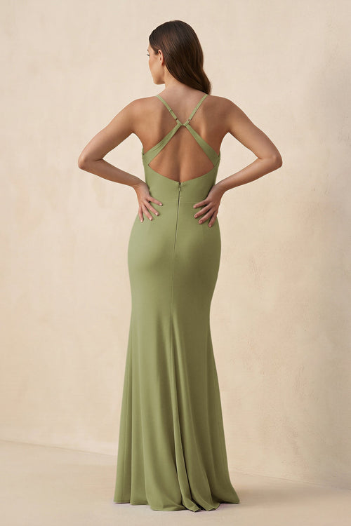 Cami Strap Sheath Chiffon Bridesmaid Dress with Slit in Moss Green - SHE IS ME Bridesmaid Dresses