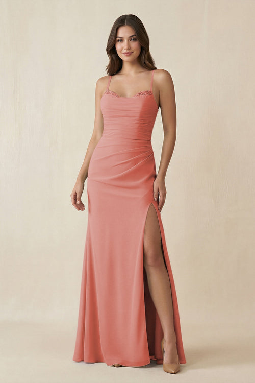 Cami Strap Sheath Chiffon Bridesmaid Dress with Slit in Mulberry - SHE IS ME Bridesmaid Dresses