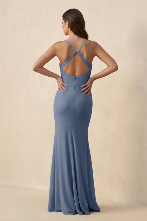 Cami Strap Sheath Chiffon Bridesmaid Dress with Slit in Neptune - SHE IS ME Bridesmaid Dresses