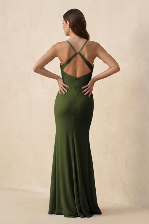 Cami Strap Sheath Chiffon Bridesmaid Dress with Slit in Olive - SHE IS ME Bridesmaid Dresses