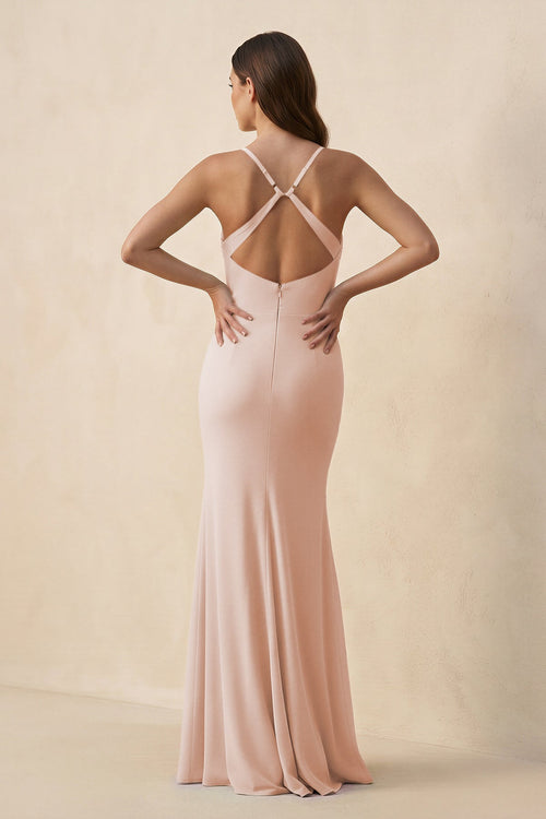 Cami Strap Sheath Chiffon Bridesmaid Dress with Slit in Pale Blush - SHE IS ME Bridesmaid Dresses