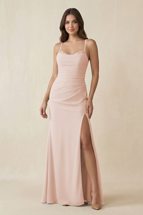 Cami Strap Sheath Chiffon Bridesmaid Dress with Slit in Pale Blush - SHE IS ME Bridesmaid Dresses