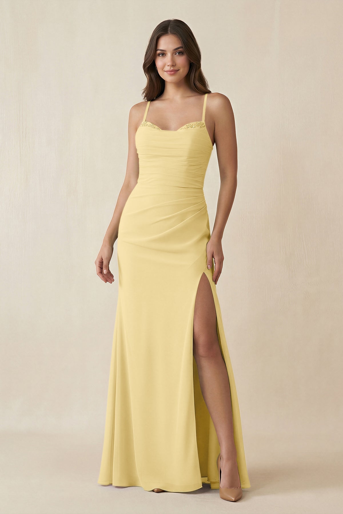 Cami Strap Sheath Chiffon Bridesmaid Dress with Slit in Pastel Yellow - SHE IS ME Bridesmaid Dresses
