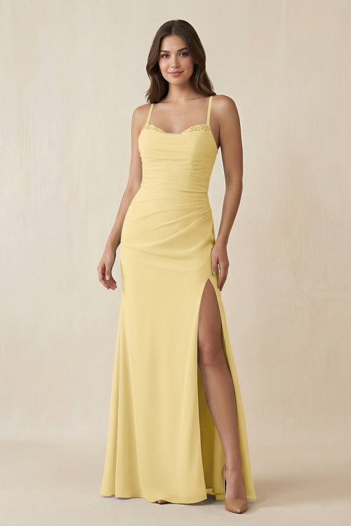 Cami Strap Sheath Chiffon Bridesmaid Dress with Slit in Pastel Yellow - SHE IS ME Bridesmaid Dresses