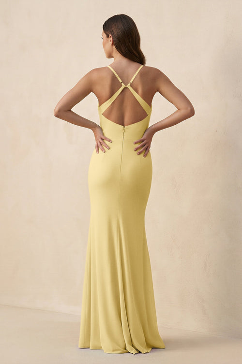 Cami Strap Sheath Chiffon Bridesmaid Dress with Slit in Pastel Yellow - SHE IS ME Bridesmaid Dresses
