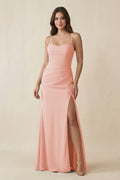 Cami Strap Sheath Chiffon Bridesmaid Dress with Slit in Rose Petal - SHE IS ME Bridesmaid Dresses