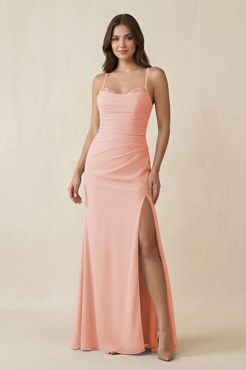 Cami Strap Sheath Chiffon Bridesmaid Dress with Slit in Rose Petal - SHE IS ME Bridesmaid Dresses