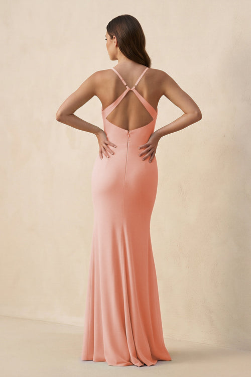 Cami Strap Sheath Chiffon Bridesmaid Dress with Slit in Rose Petal - SHE IS ME Bridesmaid Dresses