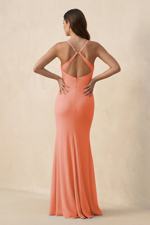 Cami Strap Sheath Chiffon Bridesmaid Dress with Slit in Rosette - SHE IS ME Bridesmaid Dresses