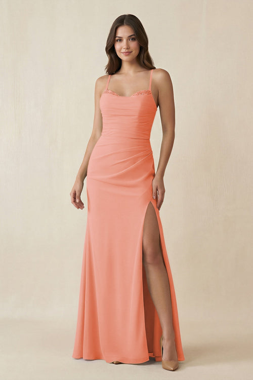 Cami Strap Sheath Chiffon Bridesmaid Dress with Slit in Rosette - SHE IS ME Bridesmaid Dresses