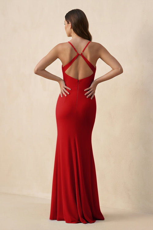 Cami Strap Sheath Chiffon Bridesmaid Dress with Slit in Ruby Red - SHE IS ME Bridesmaid Dresses