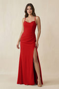 Cami Strap Sheath Chiffon Bridesmaid Dress with Slit in Ruby Red - SHE IS ME Bridesmaid Dresses